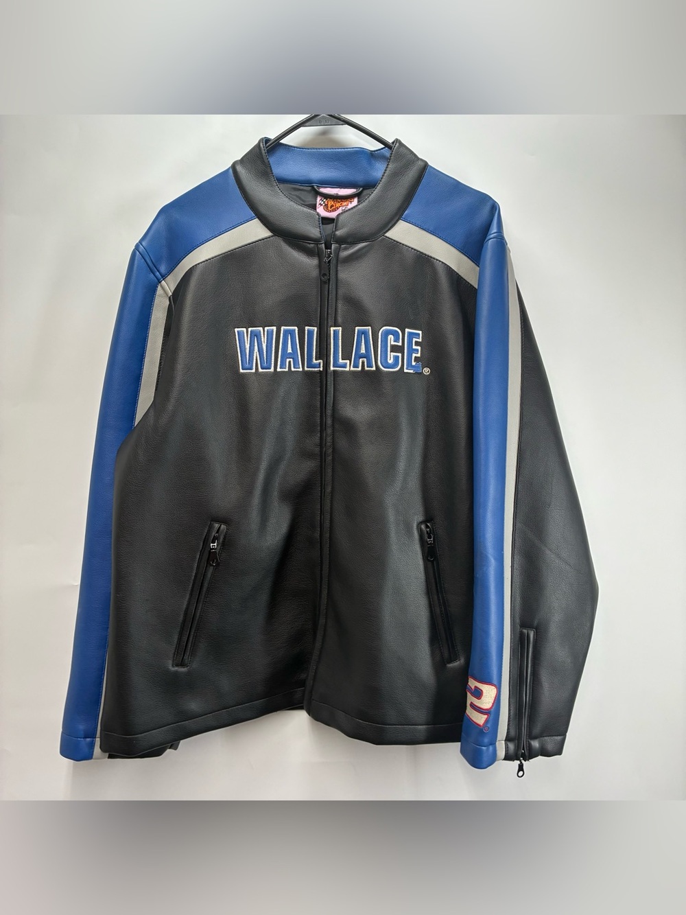 Vintage 90s NASCAR Rusty Wallace Moto Zip PVC Black Jacket Faux Leather Bomber